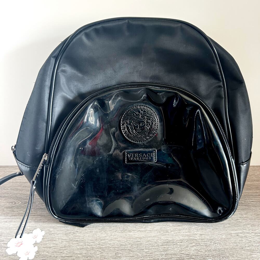 Versace Perfumes Logo Black Mini Backpack Purse EUC Unisex